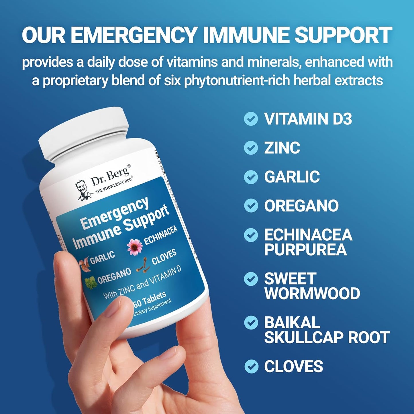 Dr. Berg Emergency Immune Support W/Echinacea - Potent Blend of Herbal Extracts (Warning: Strong Herbal Smells) - Immune Support Supplement Includes 2,000 Ius of Vitamin D & 10Mg of Zinc - 60 Tablets TLBH