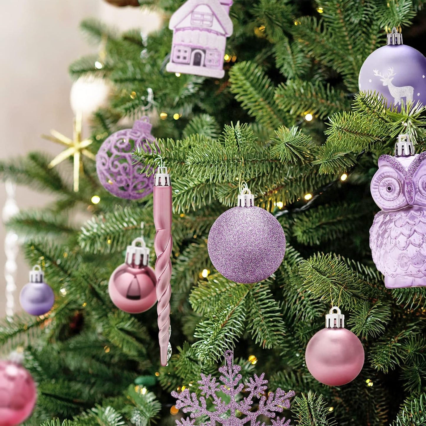 122 Pack Christmas Ball Ornaments Set, Plastic Shatterproof Christmas Hanging Decoration Hand-Held Package, for Home Xmas Tree Holiday Wedding Party Decor - Purple/Pink.