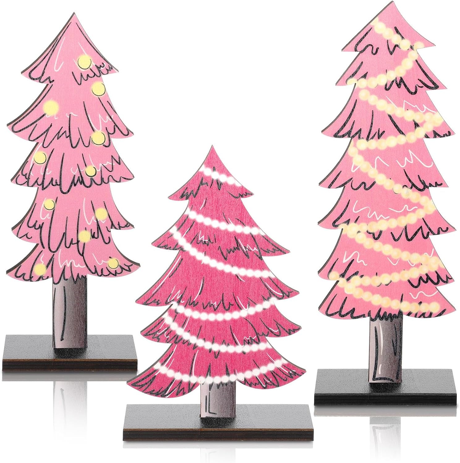 3 Pcs Rustic Christmas Decor Tabletop Christmas Tree Decorations Farmhouse Wood Trees Wooden Tree Centerpieces for Tables Rustic Xmas Decor with Rectangular Base for Home(Pink)