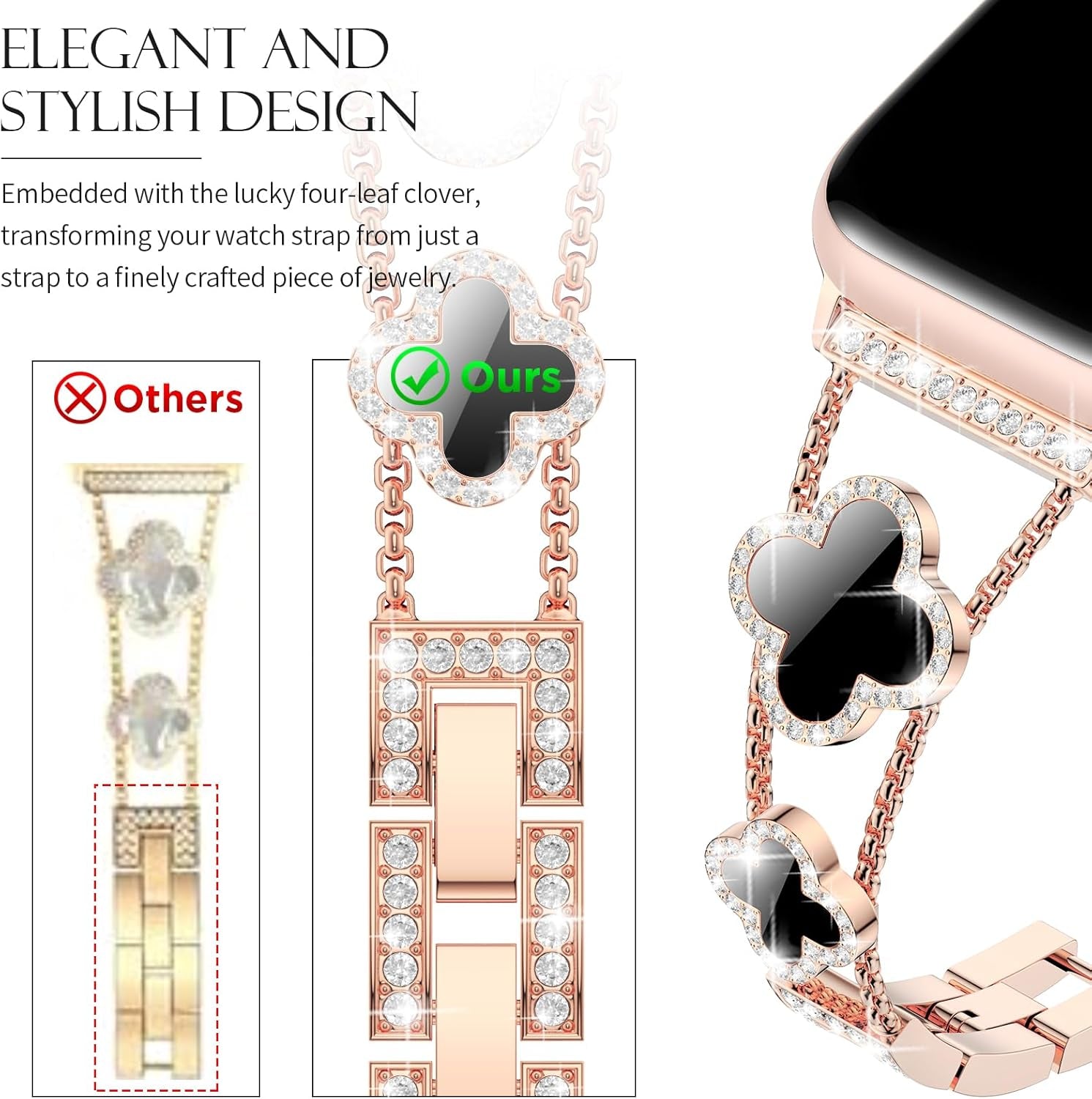 Bling Womens Band Compatible with Apple Watch Band 42Mm 44Mm 45Mm Series 9 8 7 6 5 4 3 2 1 SE, Sparkle Diamond Replacement Bracelet Wristband, Cute Lucky Clover Dressy Iwatch Band,Rose Gold/Black