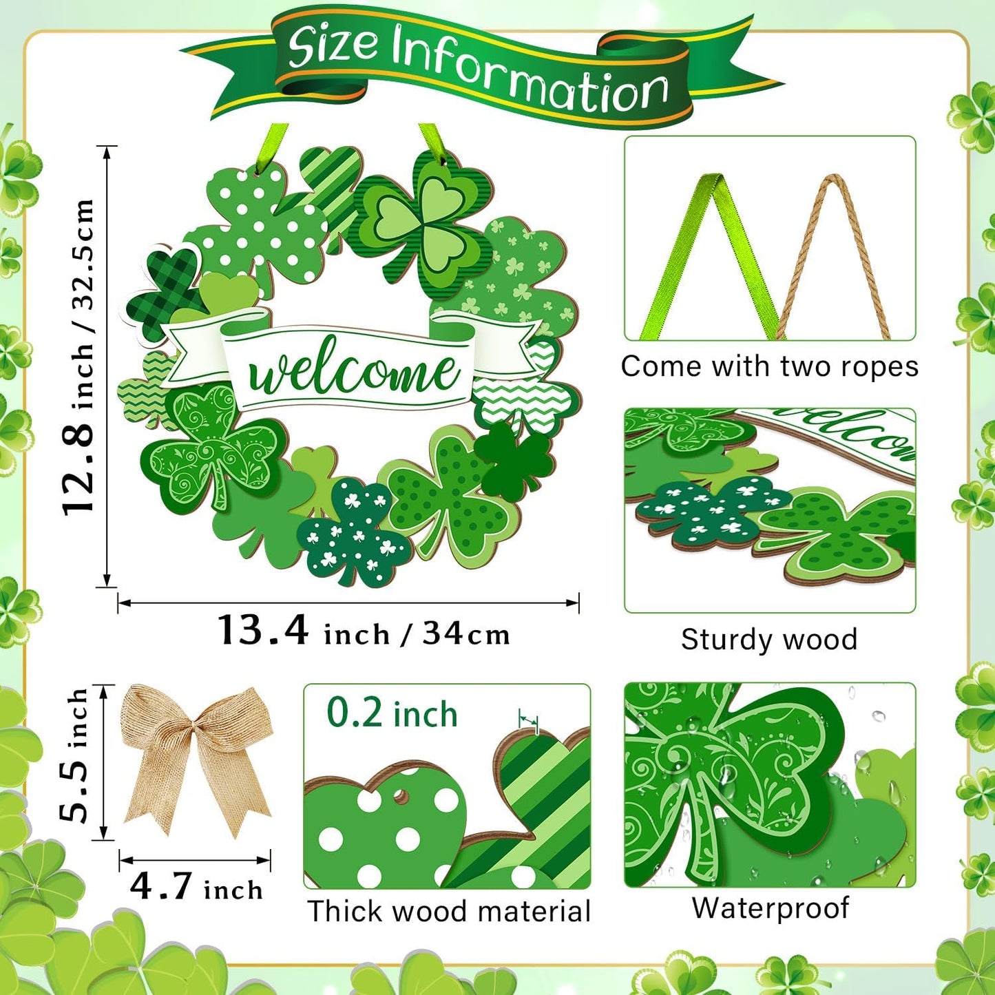 St. Patrick'S Day Shamrock Door Sign, Shamrocks Welcome Wooden Hanging Sign Lucky Irish Ornament Wood Wreath for Happy St. Patrick'S Day Party Front Door Wall Home Decorations with Rope and Bow