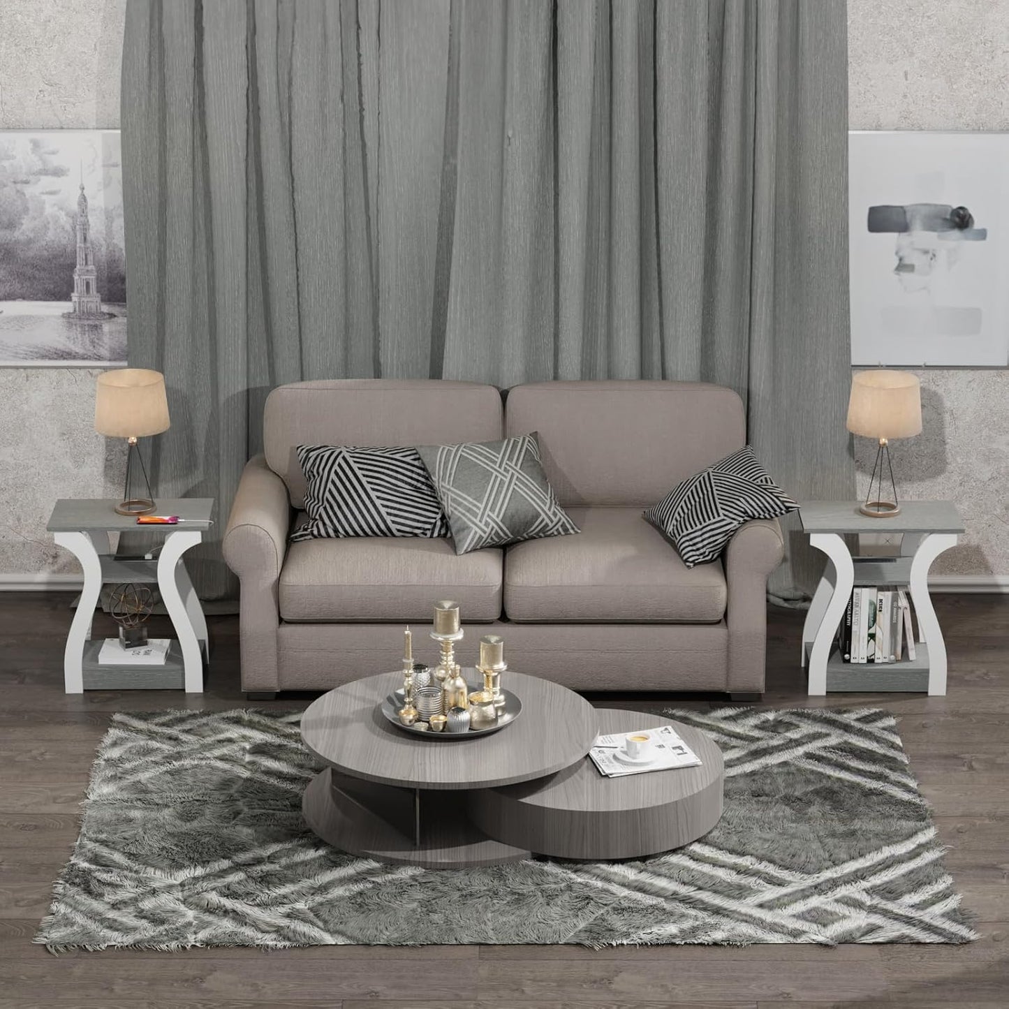 End Tables Living Room Set of 2, End Table with Charging Station, Grey End Table with Usb,Grey Side Table, Nightstand for Bedroom, 3 Tier End Table with Storage Shelf for Living Room Grey