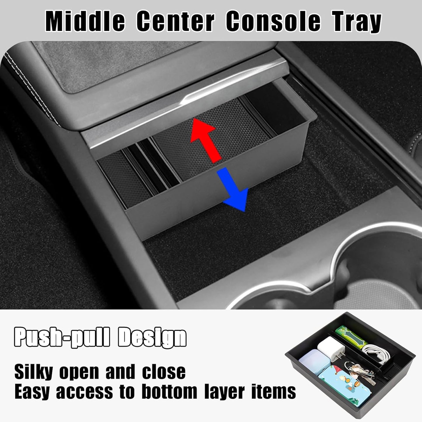 Center Console Organizer Compatible with 2024 Tesla Model 3 Highland Armrest Storage Box and Front Hidden Cubby Drawer Tray Interior Accessories (3PCS Center Console Tray)