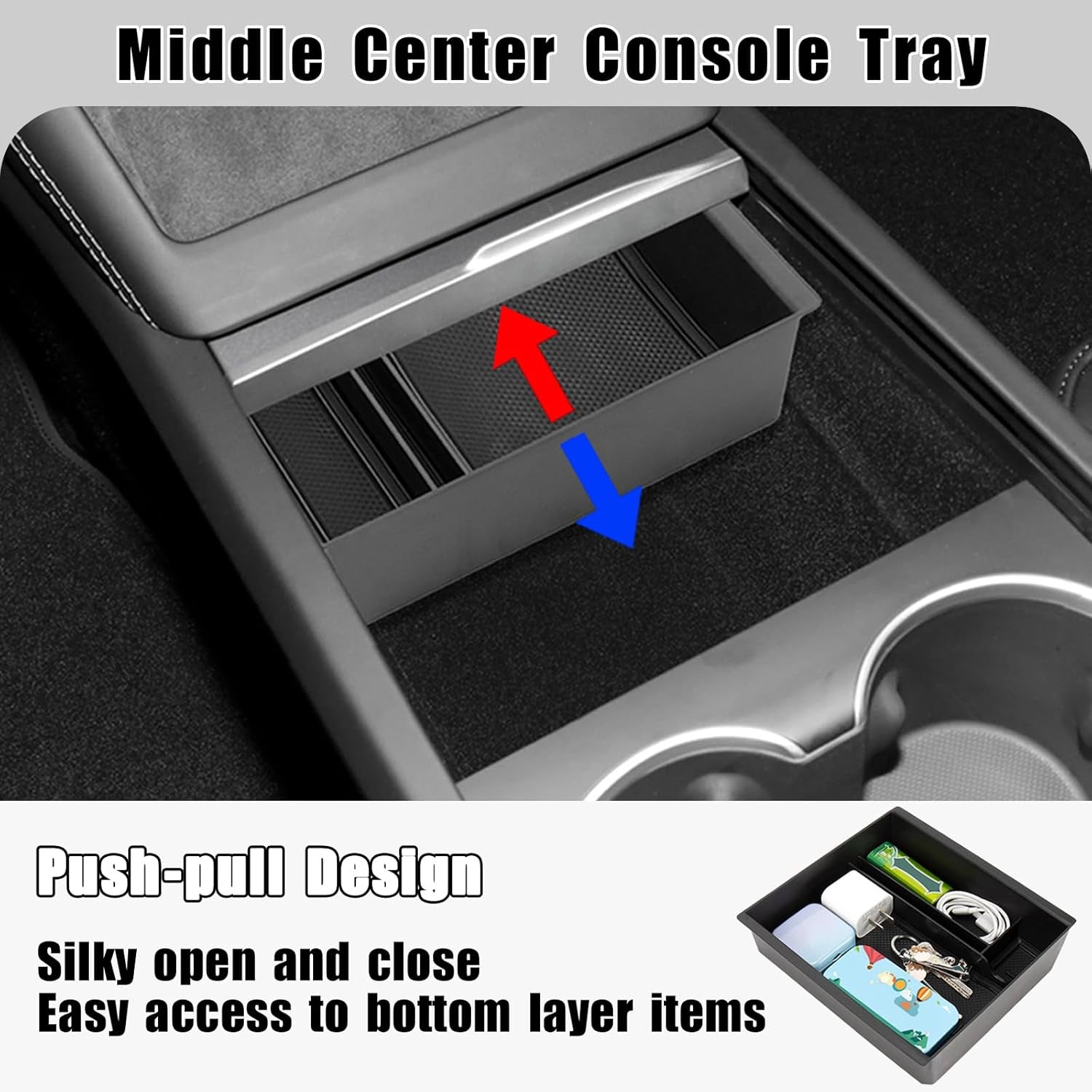 Center Console Organizer Compatible with 2024 Tesla Model 3 Highland Armrest Storage Box and Front Hidden Cubby Drawer Tray Interior Accessories (3PCS Center Console Tray)