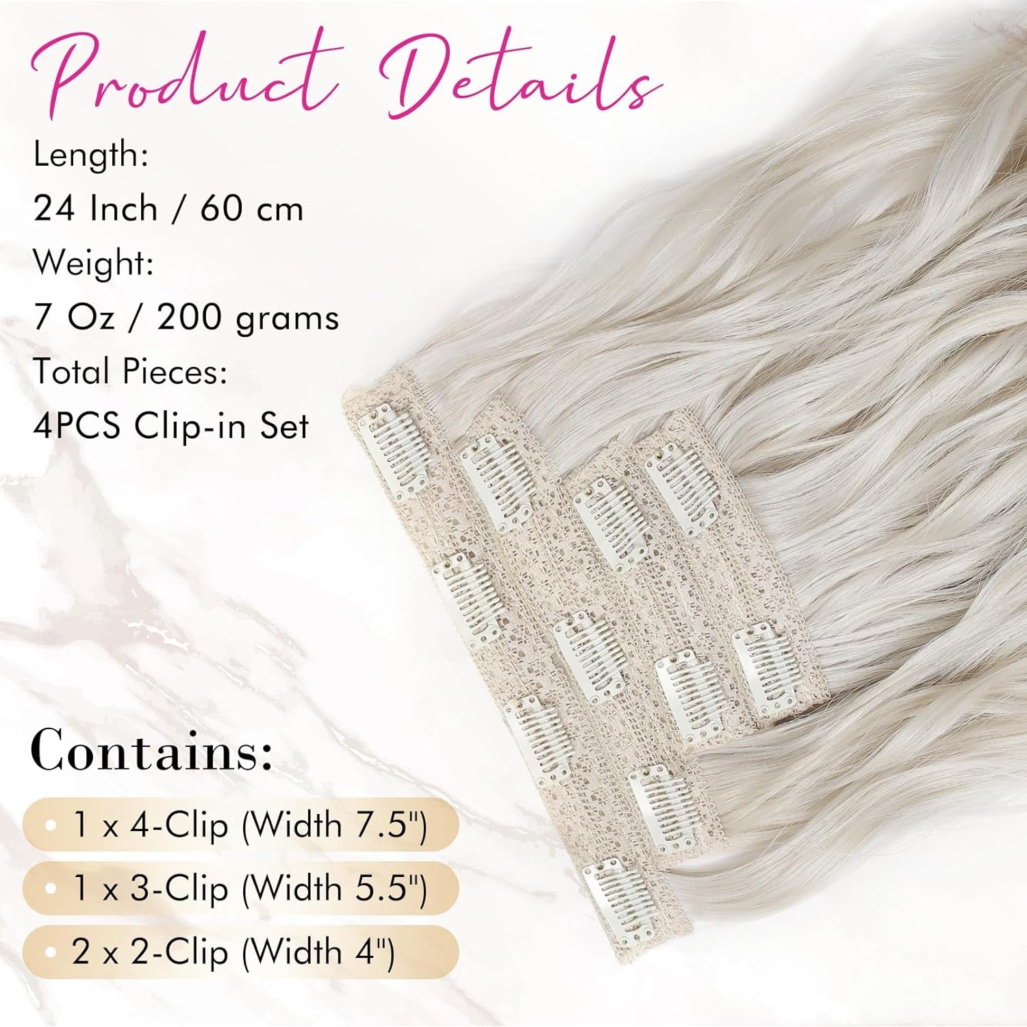 Clip in Hair Extensions, 4PCS Blonde Hair Extensions 24" Thick Long Beach Waves Hair Extensions HE003 Invisible Lace Weft Natural Soft Hairpieces for Women – Platinum Blonde