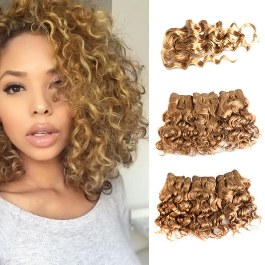 Natural Brazilian Dark Blonde Human Hair Extensions Short Curly Hair Bundles 27# Golden Virgin Human Hair Bundles Deep Curly Weave