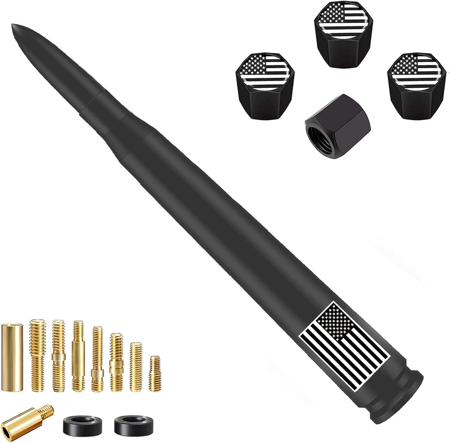 American Flag Car Truck Antenna with Valve Stem Caps, Universal Mast for GM Chevy Silverado 1500 2500 3500 HD Avalanche Ford F150 F250 F350 Denali Heavy Duty Pickup Trucks Accessories (Black)