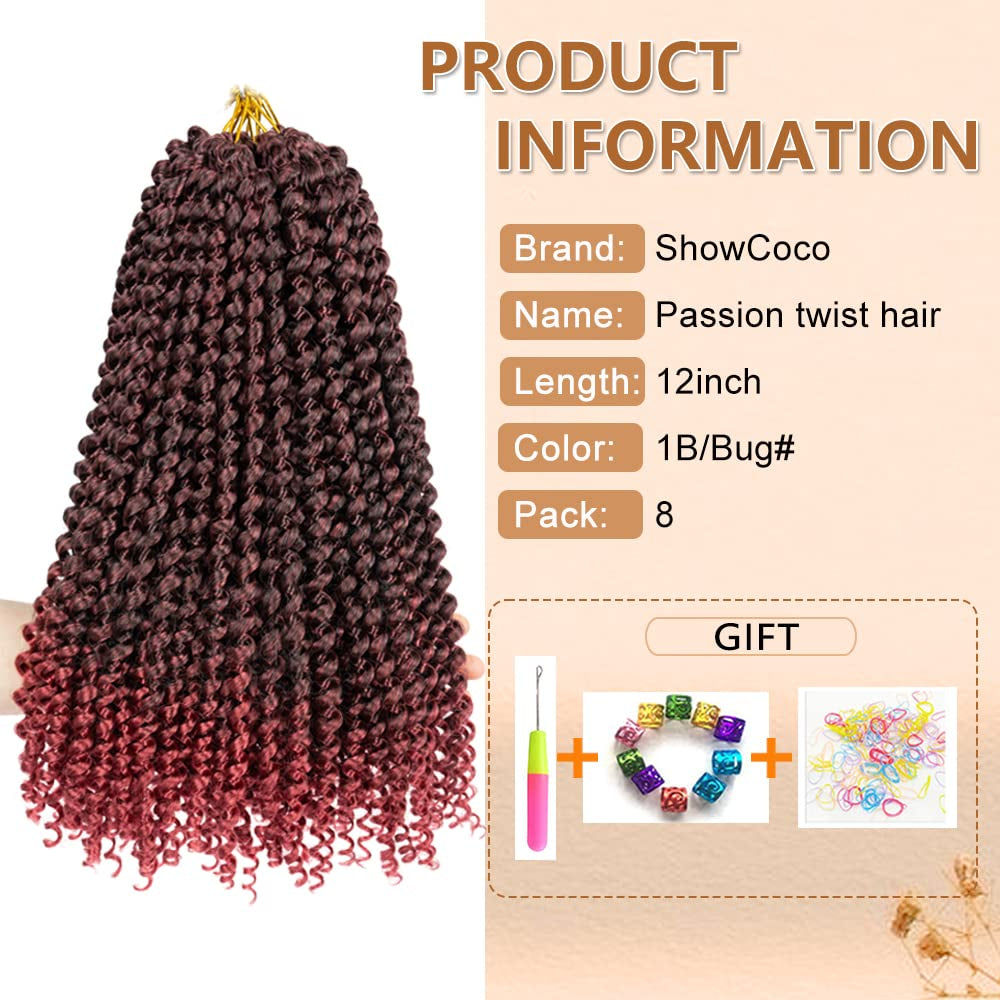 8 Packs Passion Twist Crochet Hair 12 Inch Bohemian Curly Braids Water Wave Hair for Passion Twist Braiding Hair Synthetic Fiber Hair Extensions (12 Inch,1B/Bug)
