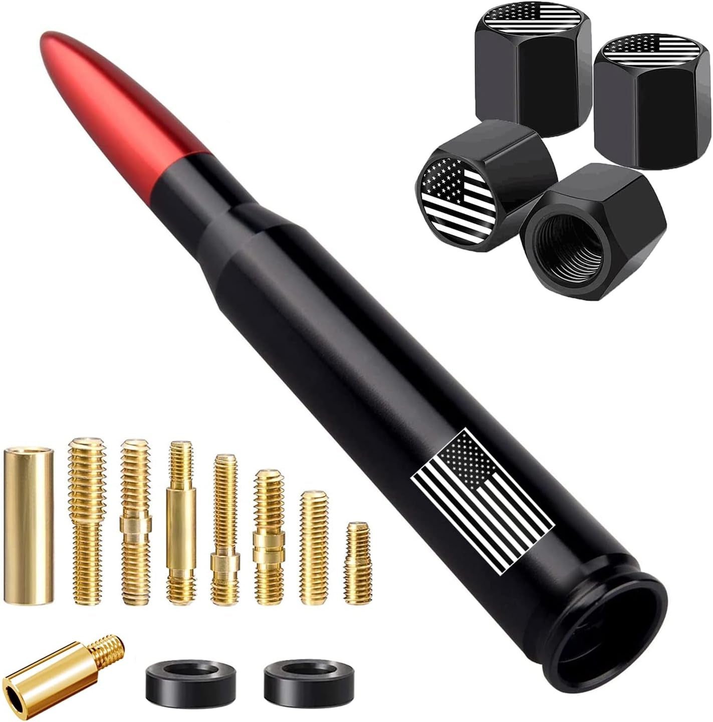 American Flag Car Truck Antenna with Valve Stem Caps, Universal Mast for GM Chevy Silverado 1500 2500 3500 HD Avalanche Ford F150 F250 F350 Denali Heavy Duty Pickup Trucks Accessories (Black)