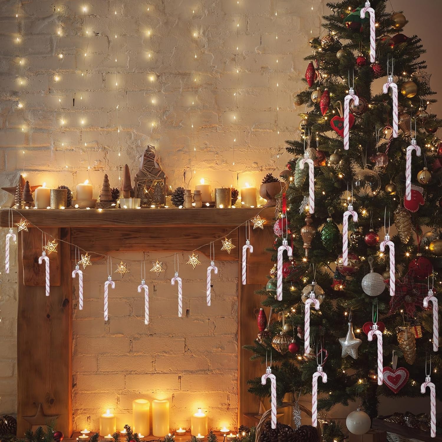 Christmas Candy Canes Ornaments Plastic Glitter Candy Cane Christmas Tree Hanging Decorations for Holiday Party Favors (Pink and White,36Pcs)