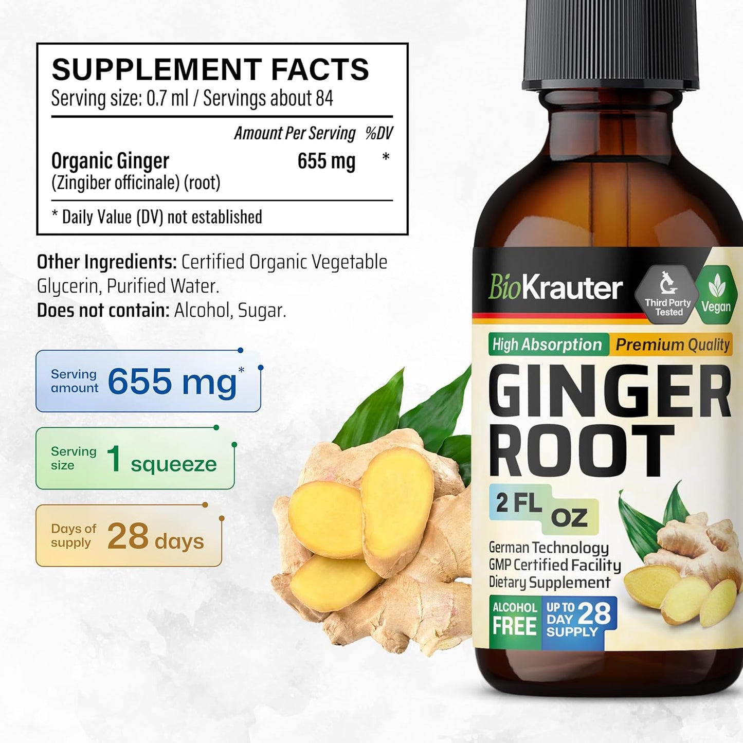 Ginger Root Extract - Natural Ginger Supplements for Overall Wellness - Alcohol and Sugar Free - Vegan Drops 2 Fl.Oz. TLBH