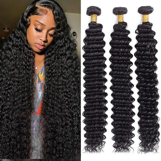 12A Deep Wave Bundles Human Hair 20 22 24Inch Brazilian Deep Wave Curly 3 Bundles Human Hair Bundles 100% Unprocessed Virgin Wet and Wavy Bundles Double Weft Deep Wave Hair Bundles Natural Black