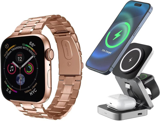 Compatible with Apple Watch Band 38Mm 40Mm 41Mm Rose Gold with Case & 3 in 1 Charging Station for Iphone Apple Watch Airpods