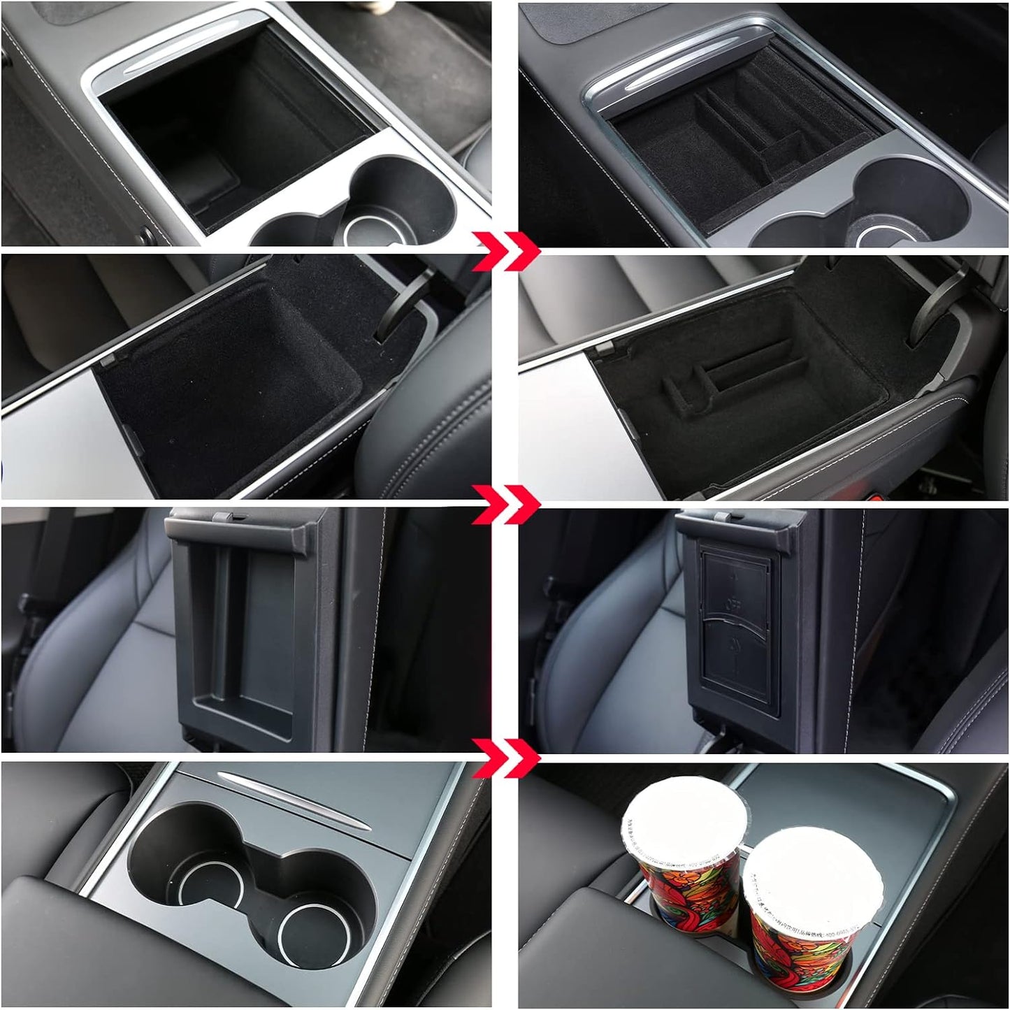 4 PCS Center Console Organizer Tray and Cup Holder Insert Compatible with 2021-2023 Tesla Model 3Y, Flocked/Silica Rubber Armrest Hidden Cubby Drawer Storage Box Interior Accessories