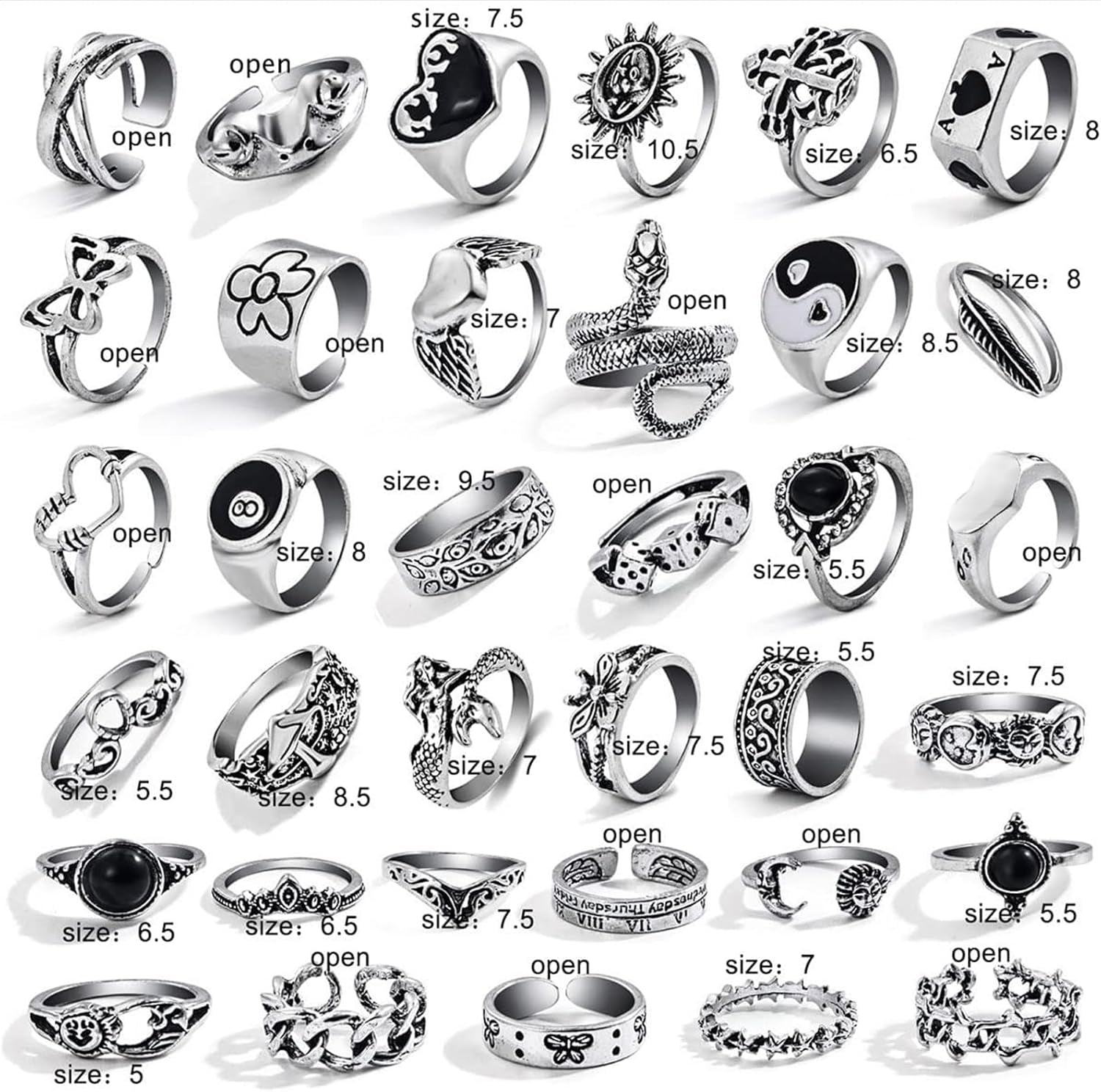 26-35 Pcs Vintage Silver Knuckle Rings Set for Women Men, Grunge Gothic Rings Chunky Aesthetic Snake Stackable Adjustable Punk Bulky Finger Alt Fairy Skull Frog Heart Star Flower Midi Ring Pack