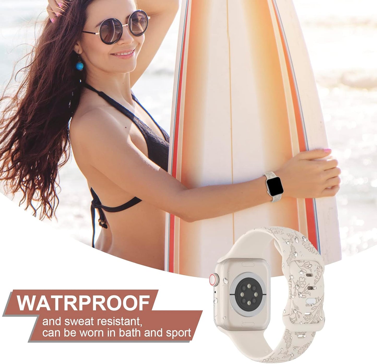 Flower Engraved Silicone Band Compatible with Apple Watch Band 38Mm 40Mm 41Mm 42Mm 44Mm 45Mm 46Mm 49Mm, Women Soft Floral Strap Sport Wristbands for Iwatch Series 10/9/8/7/6/5/4/3/2/1/Se/Ultra