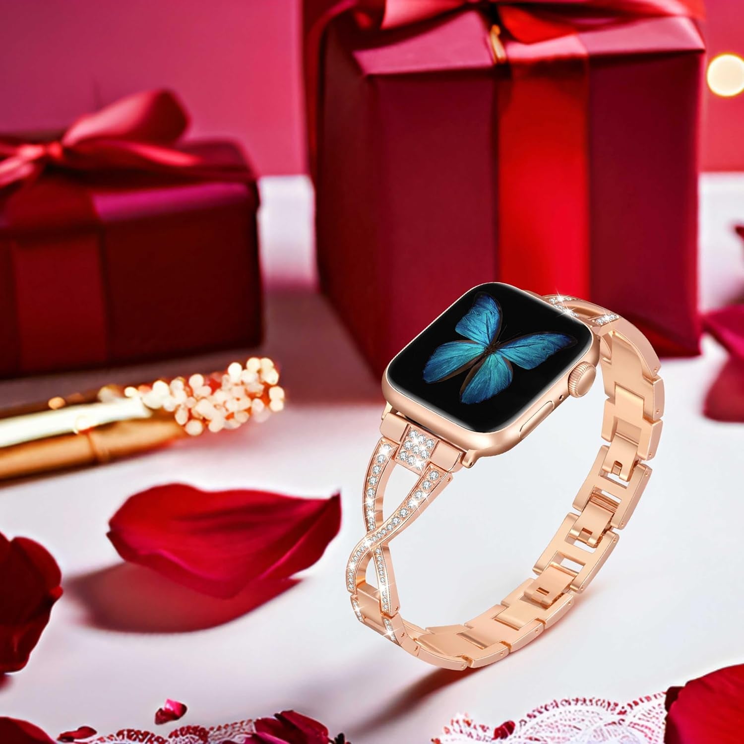 Bands for Apple Watch 38Mm 40Mm 41Mm Women Series 9 8 7 6 5 4 SE Iwatch Band Bling Metal Bracelet Fancy Cute Dressy Strap Rose Gold