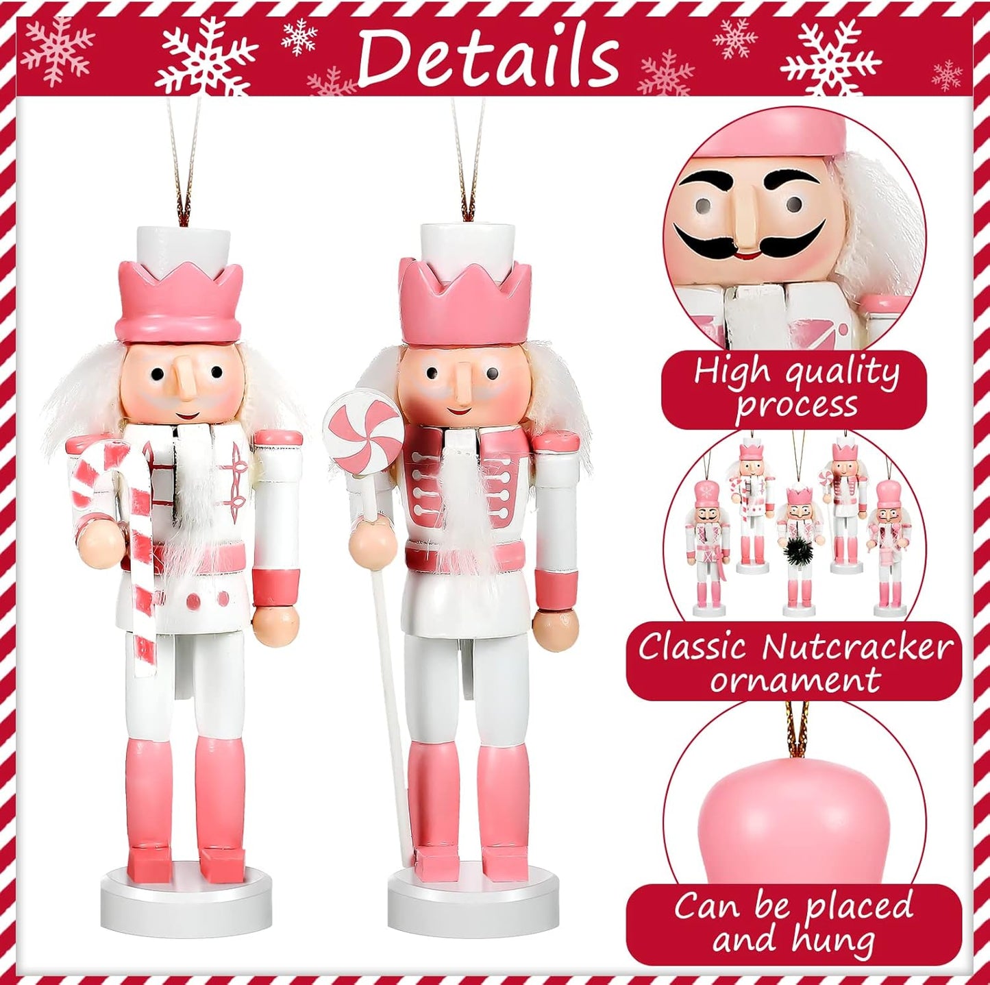 5 Pcs Christmas Nutcracker Ornaments Pink Wooden Nutcracker Hanging Decorations 5 Inch Soldier Nutcracker Figures Christmas Table Decoration Gift for Christmas Tree Holiday Party