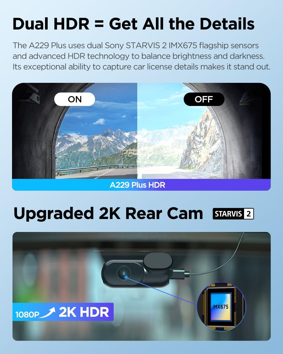 A129 plus Duo Upgraded Model, Dash Cam Front and Rear, Dual STARVIS 2 Sensors, 2 Channel HDR, 1440P+1440P Voice Control Car Dash Camera, 5Ghz Wi-Fi, Support 512GB Max (A229 plus 2CH)