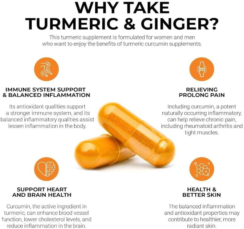 Turmeric Curcumin and Ginger Capsules -150 Veg Max Strength Pure High-Potency Curcumin and Zingiber Officinale. Supports Joints, Mobility, and Flexibility. TLBH