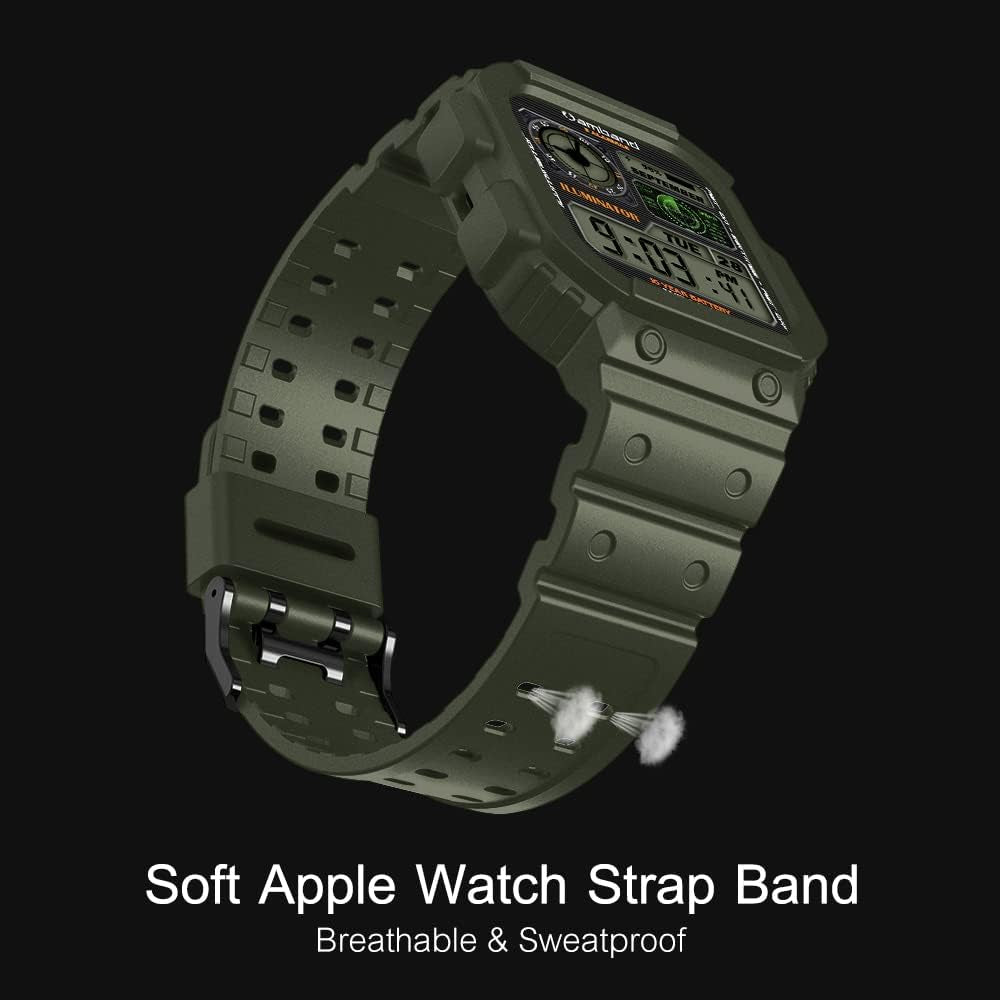 Compatible with Apple Watch Band 45Mm 44Mm 42Mm with Bumper Case, Rugged Men Bands for Iwatch SE Series 9 8 7 6 5 4 3 2 1, Sport Military Protective Cases Drop-Proof Shockproof Green