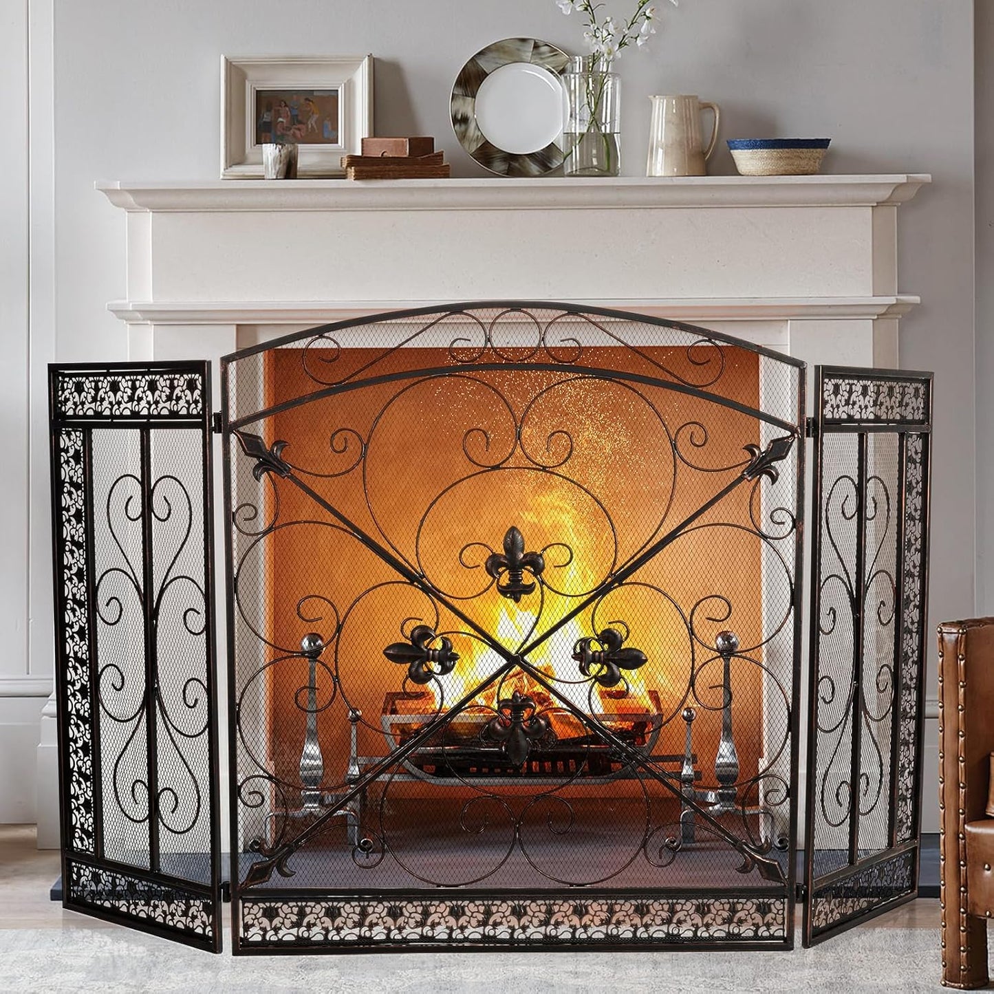 Fireplace Screen 3 Panel Folding Fireplace Screens 52.4 X 31 Inch Metal Furnace Fireguards Mesh Cover Baby Safe Proof Fence Spark Guard Cover Wrought Iron Fire Place Standing Gate (Bronze)