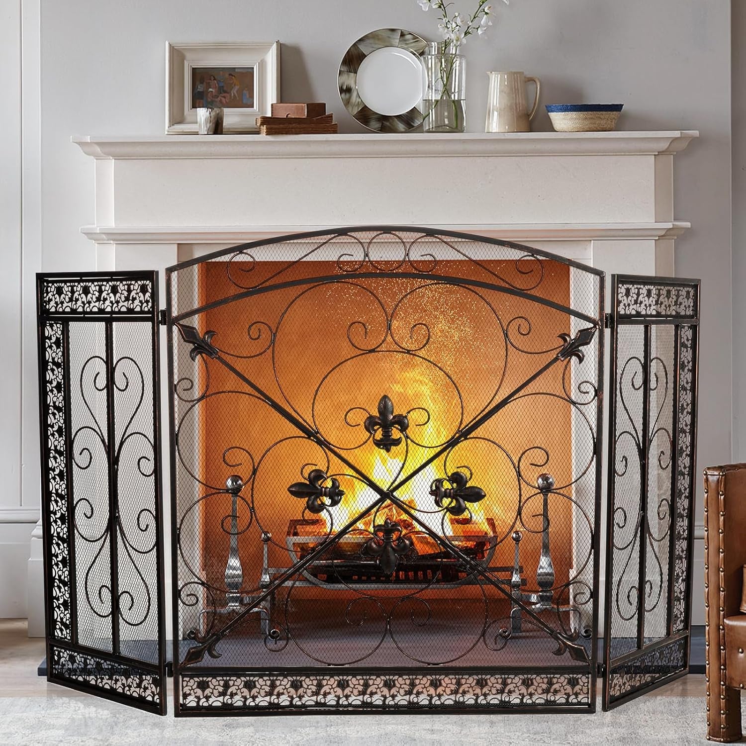 Fireplace Screen 3 Panel Folding Fireplace Screens 52.4 X 31 Inch Metal Furnace Fireguards Mesh Cover Baby Safe Proof Fence Spark Guard Cover Wrought Iron Fire Place Standing Gate (Bronze)