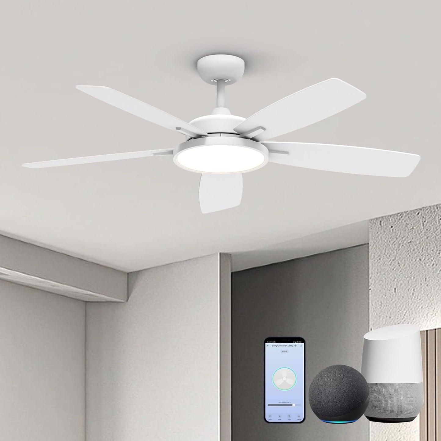 Ceiling Fans with Lights,Ultra Silent 52 Inch Smart Ceiling Fans with Dimmable LED Light Compatible with Google Home Alexa App Control(White