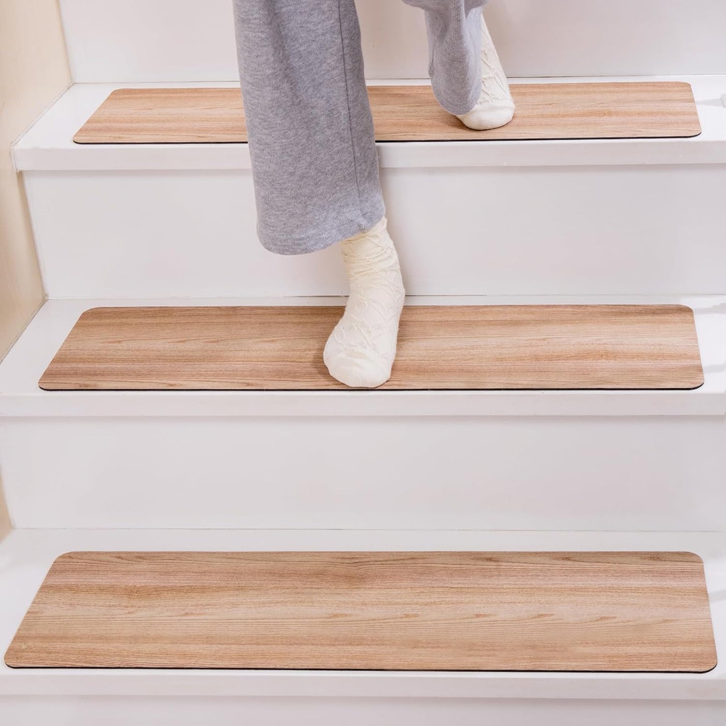 Non Slip Rubber Stair Treads, Indoor Stair Treads Stair Runners for Wooden Steps, Basement Stair Mats for Pet, Kids and Elderly, Brown Wood, 30"X8", Set of 15