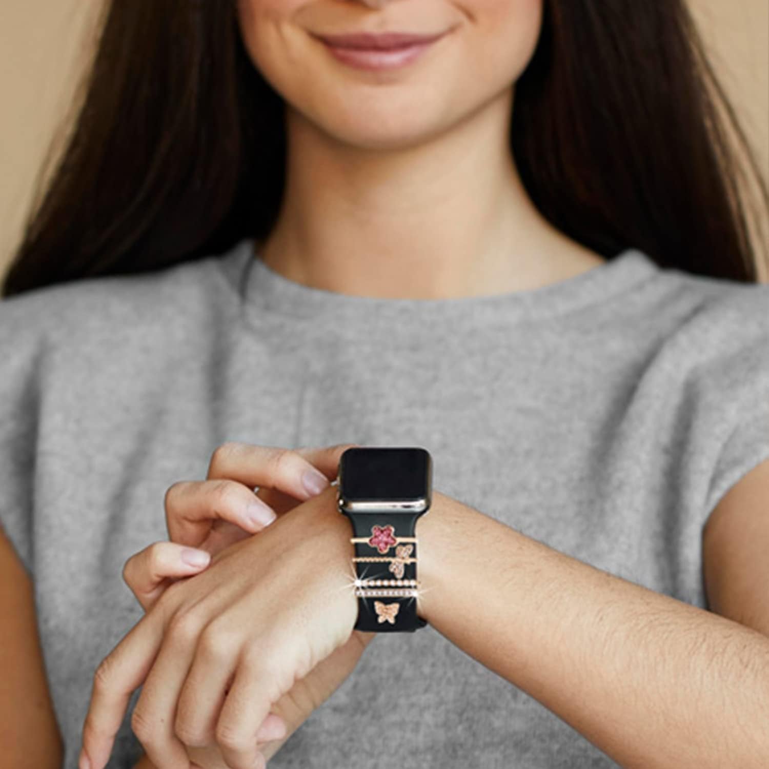 Smart Watch Band Charms Bling Decorative Ring Loops Charms Compatible with Apple Watch Silicone Bands Charms 45Mm 44Mm 42Mm 41Mm 40Mm 38Mmseries 8 7 6 5 4 3 2 1 Watchband Metal Diamond Charms Accessories (No Band With)