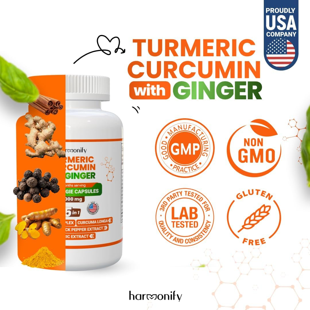 Turmeric Curcumin Supplement with Ginger, Ceylon Cinnamon and Black Pepper Complex 5 in 1 Formula, Curcuma Longa, Max Absorption, 1000 Mg, 120 Herbal Extract Capsules TLBH