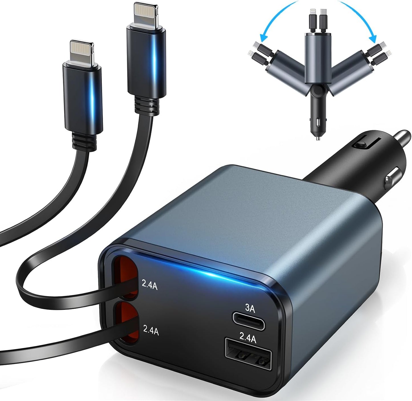 Retractable Car Charger 4 in 1, 【New-Gen Gan-Tech for Iphone Fast Charging】 Dual Cables for Lightning & USB C, USB C and USB Ports, Best Adapter Car Accessories for Iphone 16E, Men, Women