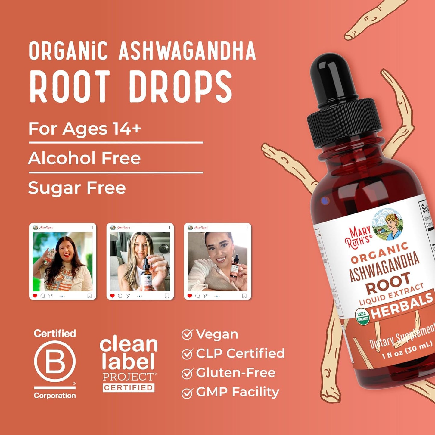 Ashwagandha Root | USDA Organic Ashwagandha Liquid Drops | Stress Relief, Natural Calm, Relaxation and Mood Support Supplement | Adaptogenic | Nervine | Vegan | Non-Gmo | 60 Servings TLBH