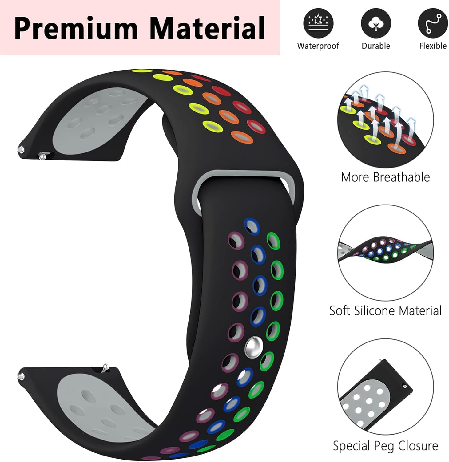 Sport Band for Samsung Galaxy Watch 7 6 5 4 FE Band 40Mm 44Mm/Galaxy 6/4 Classic Bands 47Mm 43Mm/46Mm 42Mm/Watch 5 Pro 45Mm/3 41Mm,Silicone Breathable 20Mm Quick Release Strap for Garmin Vivoactive 3