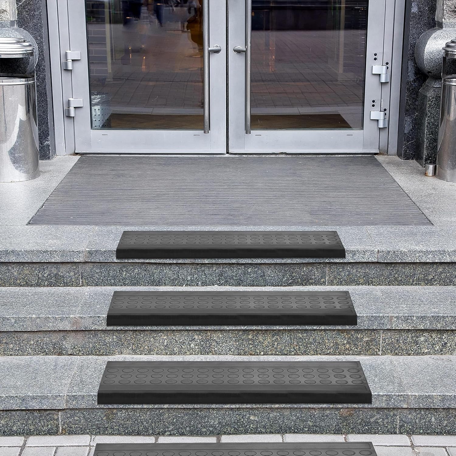 Indoor/Outdoor Hose-Wash Coin Design Non-Slip Rubber 10" X 30" Modern Stair Treads for Stairs, Garage, Patio, 5 Pack, Black Coin