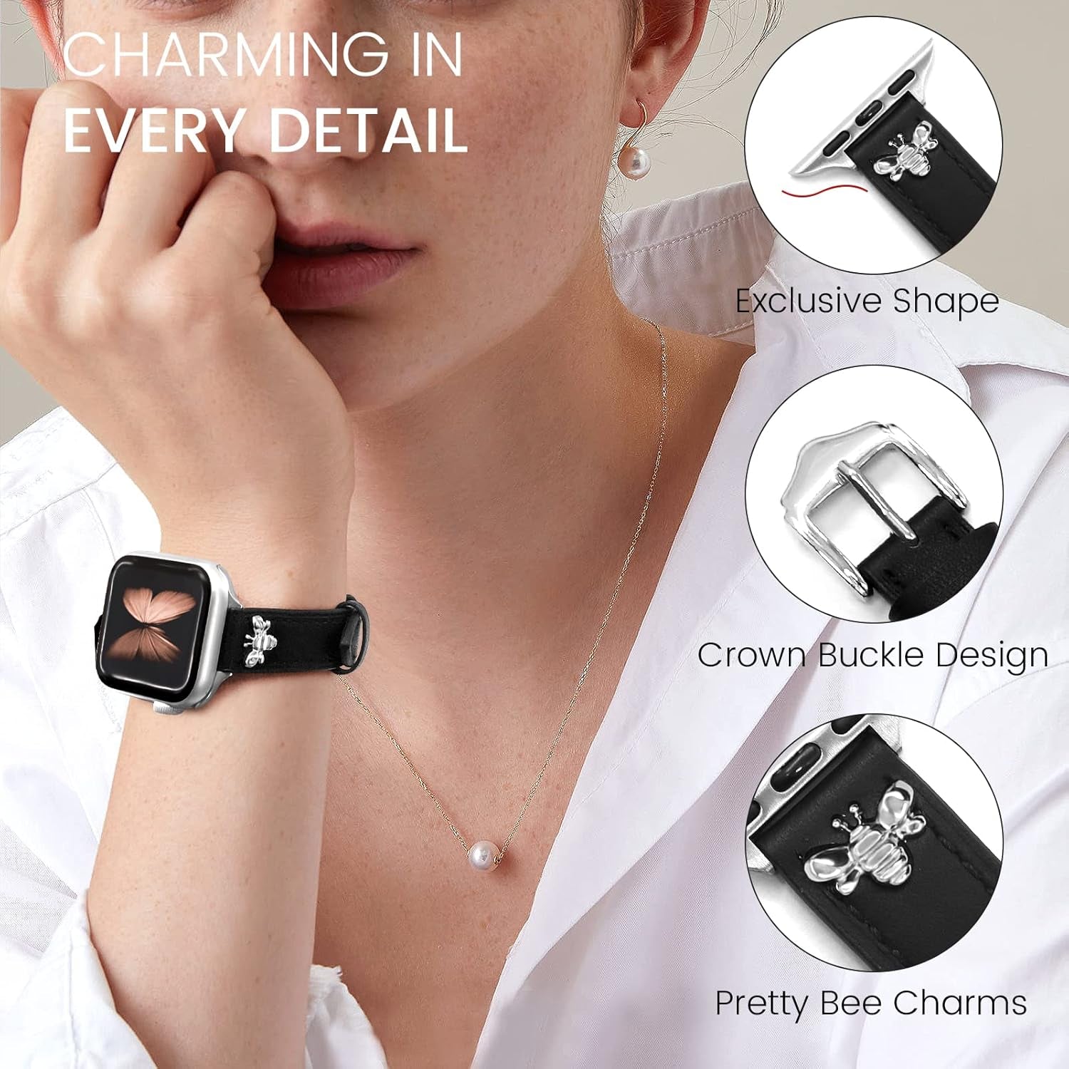 Slim Leather-Bands Compatible with Apple Watch Band 38Mm 40Mm 41Mm 42Mm 44Mm 45Mm 49Mm, Top Genuine Leather Band with Charms, Feminine Design for Iwatch Ultra SE & Series 9 8 7 6 5 4 3 2 1