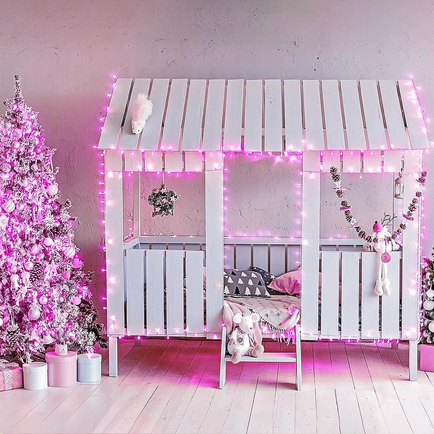 Connectable 33Ft 100 LED Pink Christmas Lights, 8 Modes Pink Christmas Tree Lights Clear Wire, Plug in Pink String Lights Indoor Outdoor for Christmas Tree, Bedroom, Room, Party