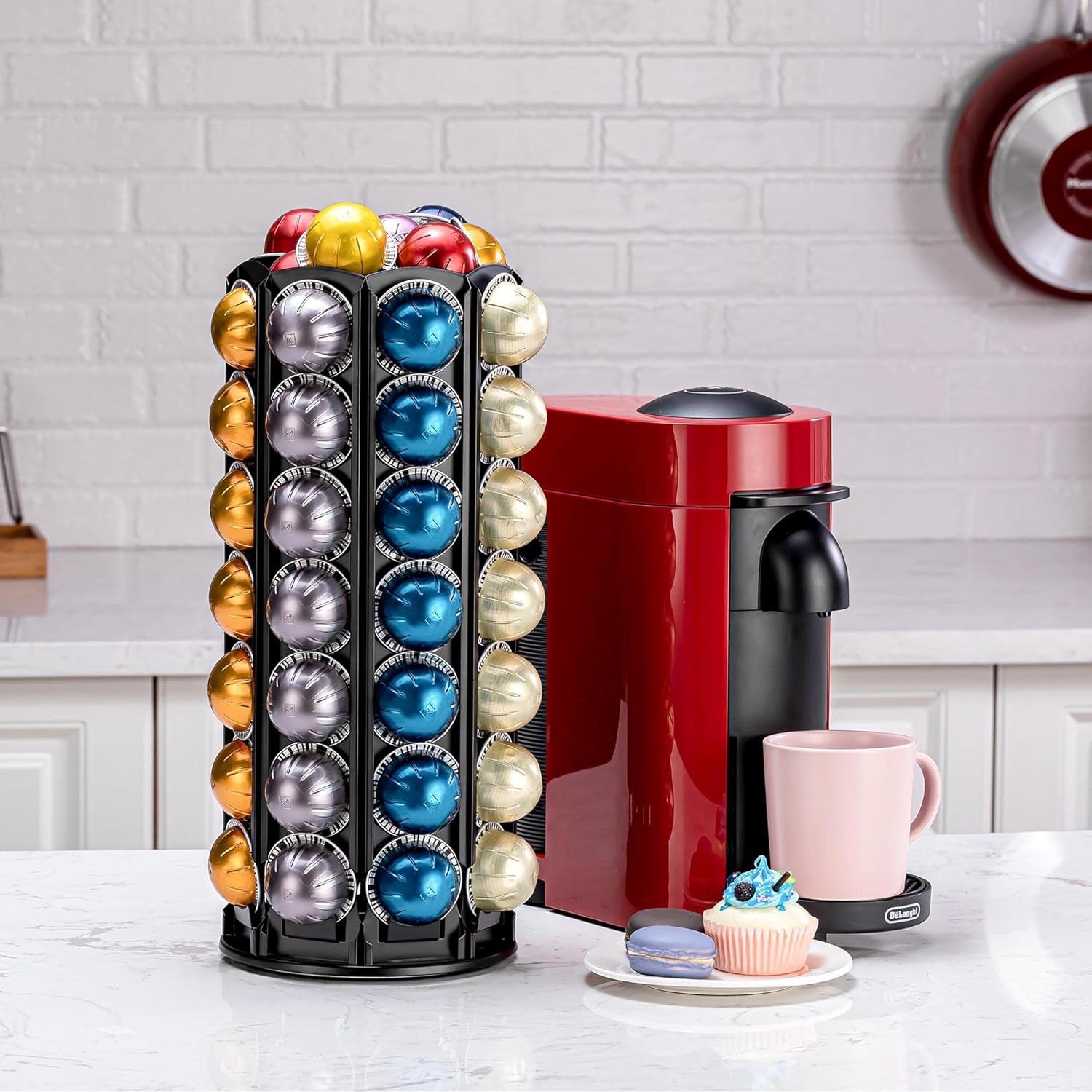 Vertuo Pod Holder Carousel Stand for Nespresso Vertuo Capsule Storage Organizer with Extra Space for Coffee Mate Silent Rolling (Vertuo 80+ Pod Storage)