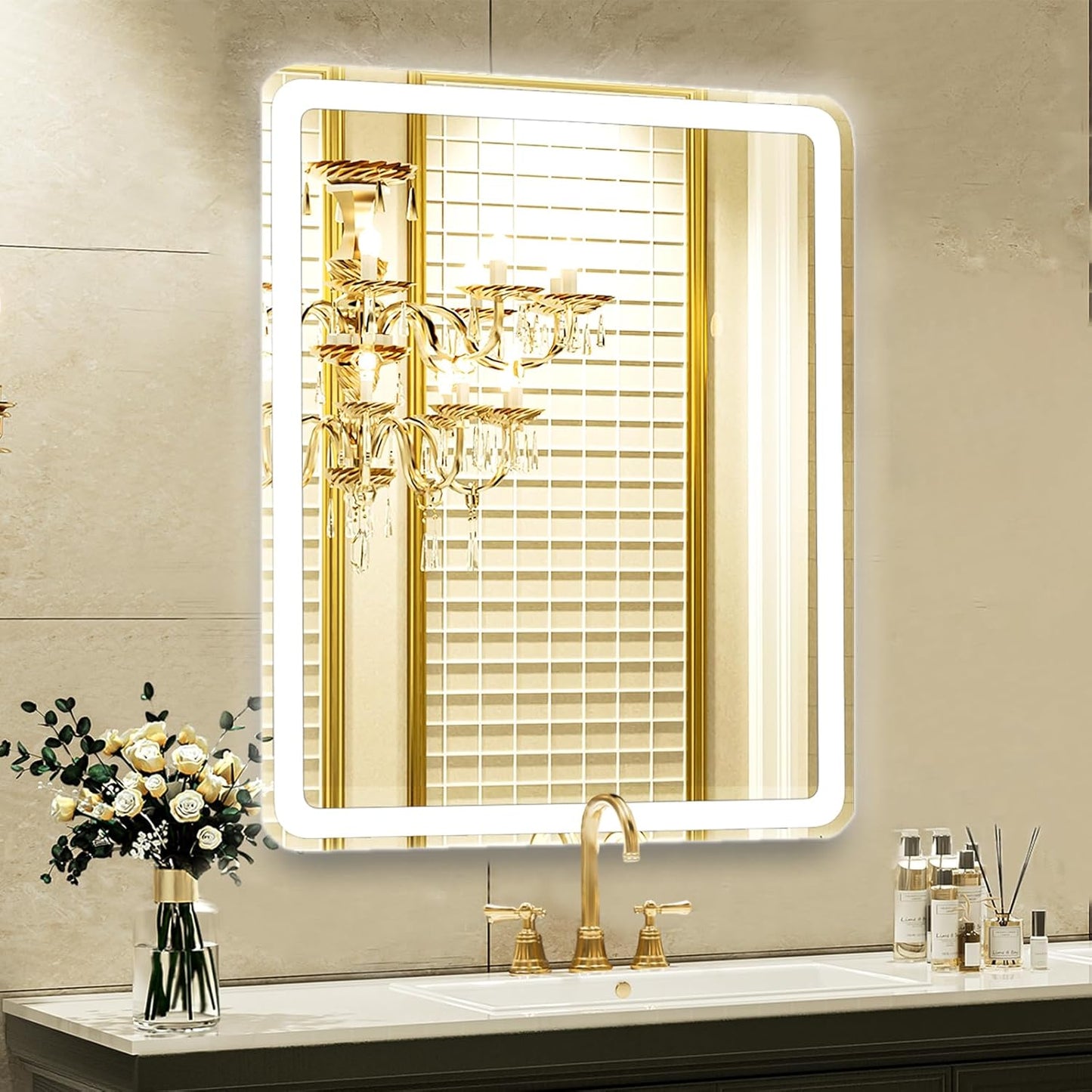 LED Bathroom Mirror with Lights, 24"X32" Frameless Wall Vanity Mirror with Front and Backlit, Stepless Dimmable, Anti-Fog, Waterproof, Memory Smart Mirror for Bathroom