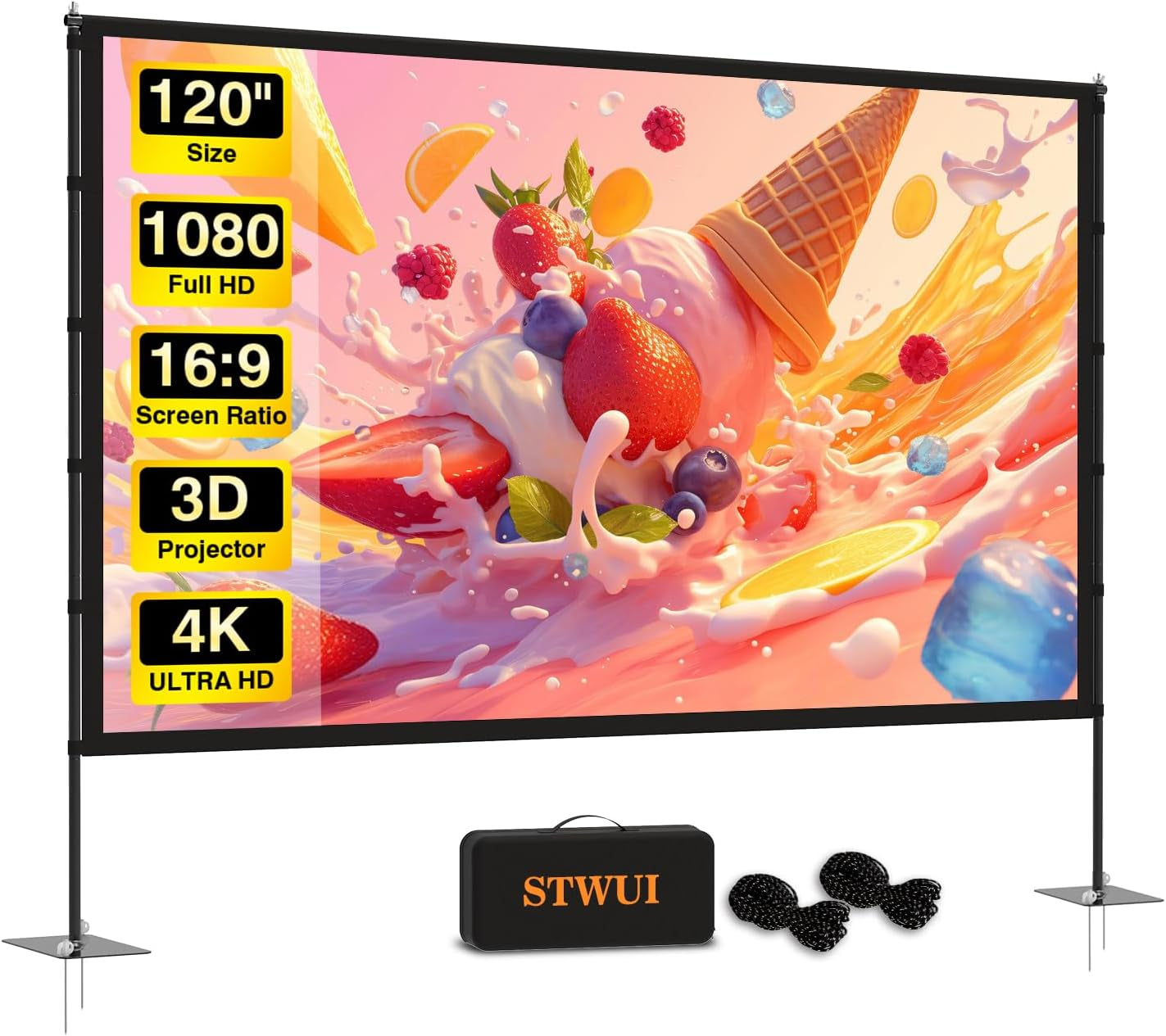 Outdoor-Projector-Screen-With-Stand - 120 Inch Portable Projector Screen Indoor Outdoor Projector Screen 16:9 4K HD Lightweight Movie Screen with Carry Bag for Backyard Movie Night