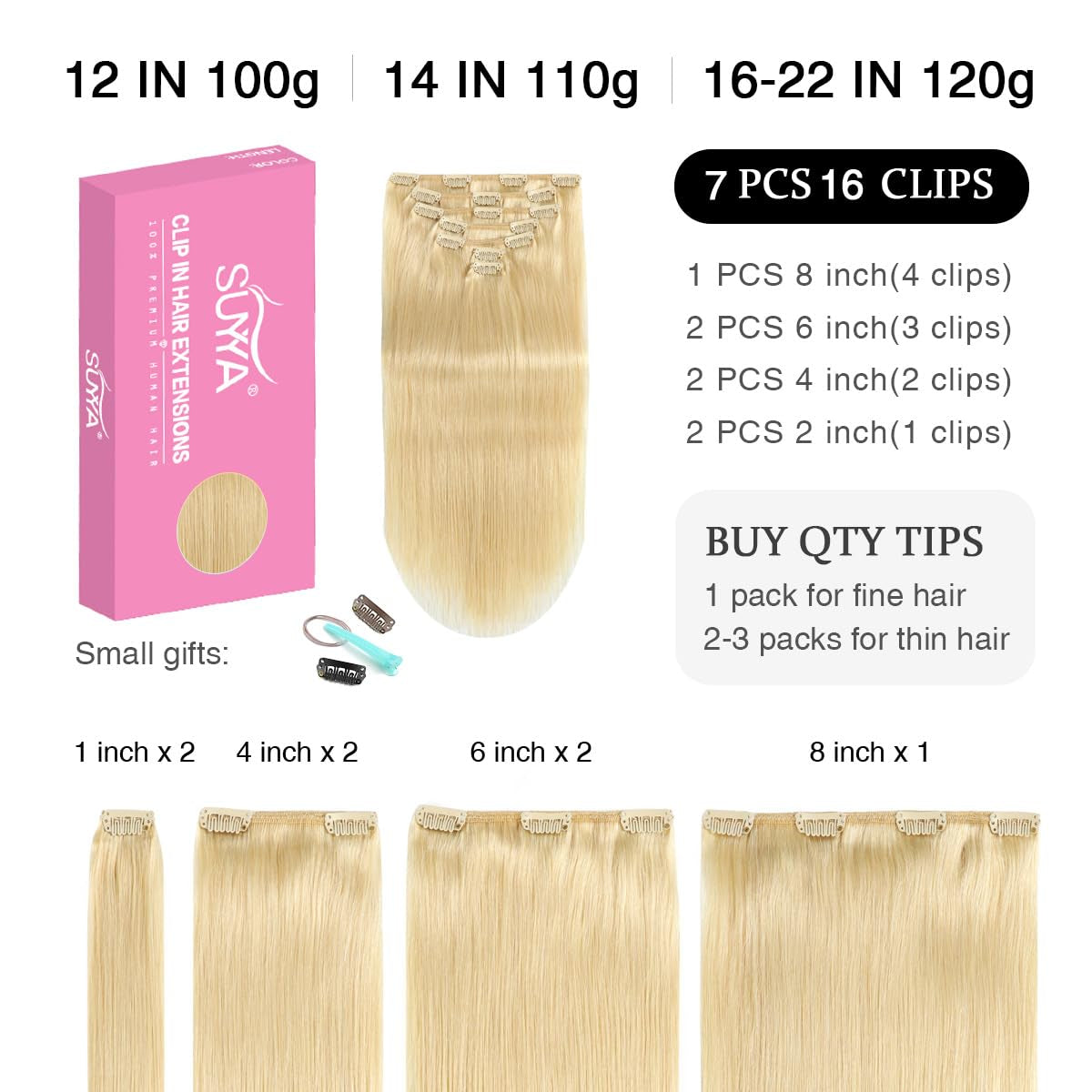 Clip in Hair Extensions Real Human Hair,Bleach Blonde Clip in Hair Extensions Straight Human Hair Clip in Extensions Double Weft Hair Extensions Clip Ins 7Pcs 120G (16 Inches #613 Bleach Blonde)
