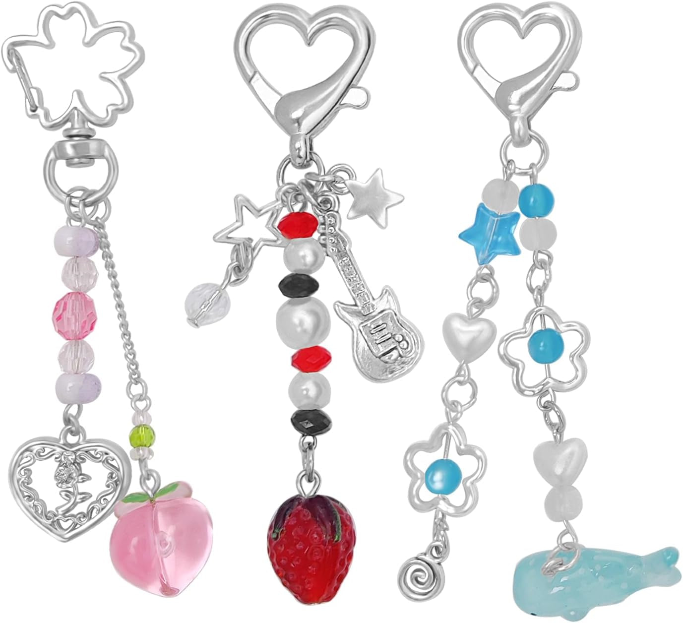 Aesthetic Y2K Keychains Cute Butterfly Star Strawberry Bear Guitar Keychains Charms for Women Bag Purse Gifts