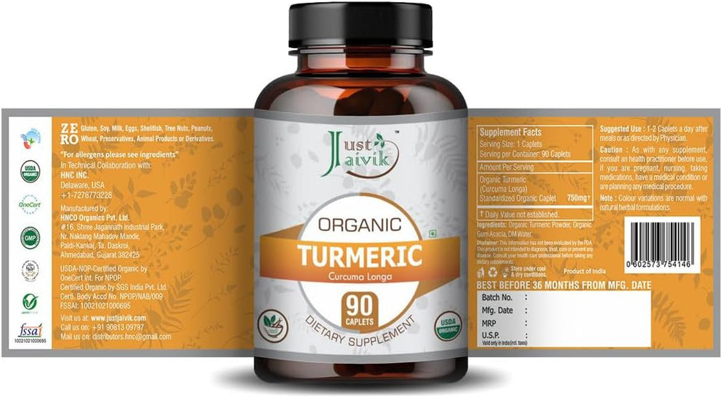 Organic Turmeric (Haldi | Curcuma Longa) Tablets - a Dietary Supplements - 750 Mg (Pack 90 Organic Tablets) | Supports Digestion and Overall Health and Well-Being TLBH