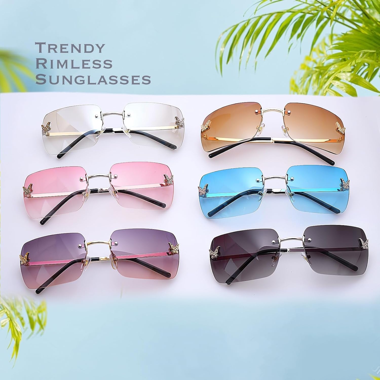 Rimless Rectangle Y2K Sunglasses for Women Men Cute Small Clear Frameless Tinted Lens 2000S Fashion Shades Butterfly