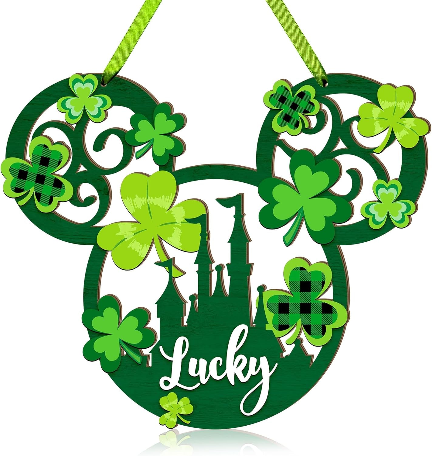 St. Patrick'S Day Door Sign Mouse Shaped, Shamrock Wooden Hanging Sign Lucky Irish Welcome Wood Wreath Hanging Sign with Rope for Happy St. Patrick'S Day Party Front Door Wall Home Decorations Green