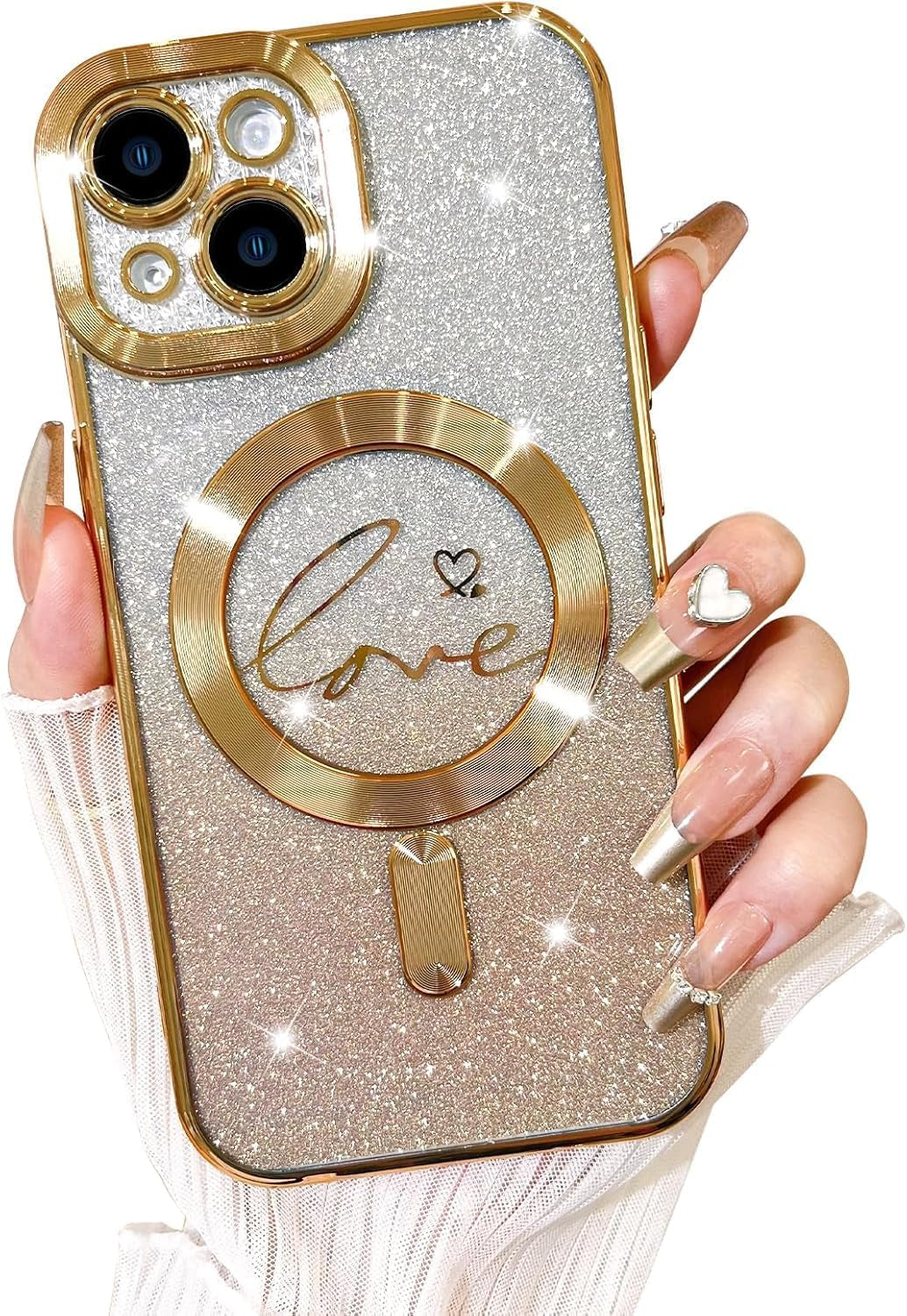 Compatible with Iphone 13 Case,Compatible with Magsafe Love Heart Plating Camera Protection Clear Phone Case, Magnetic Glitter for Women Girls Shockproof Back Bumper 6.1"-Gold