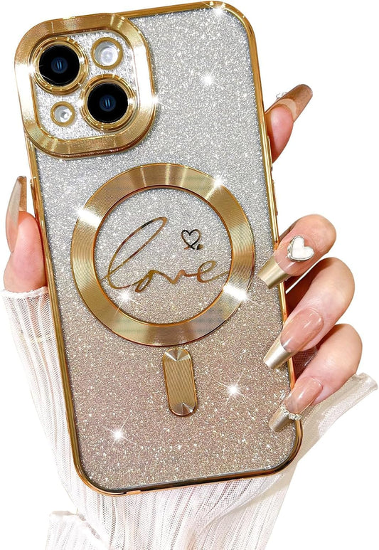 Compatible with Iphone 13 Case,Compatible with Magsafe Love Heart Plating Camera Protection Clear Phone Case, Magnetic Glitter for Women Girls Shockproof Back Bumper 6.1"-Gold