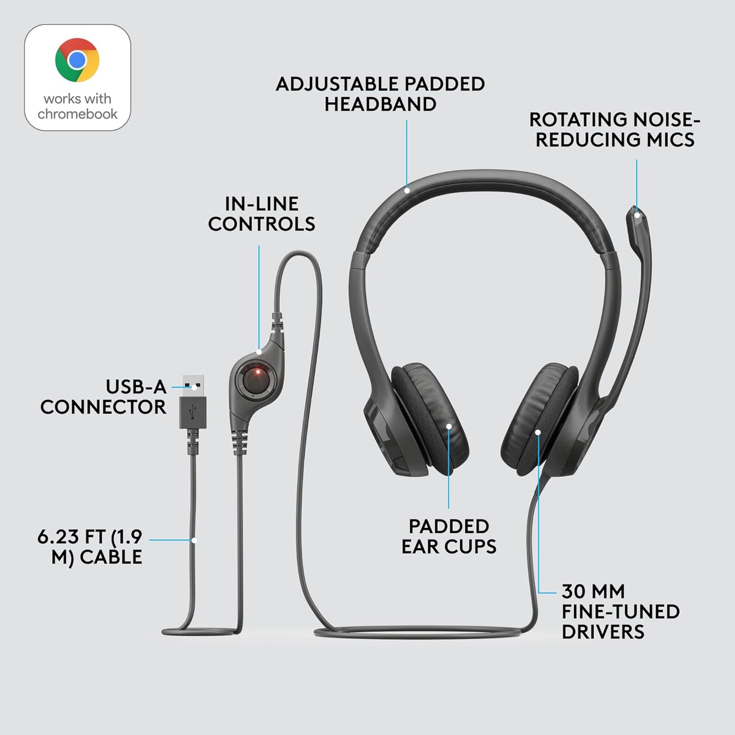H390 Wired Headset for Pc/Laptop, Stereo Headphones with Noise Cancelling Microphone, USB-A, In-Line Controls for Video Meetings, Music, Gaming and beyond - Black