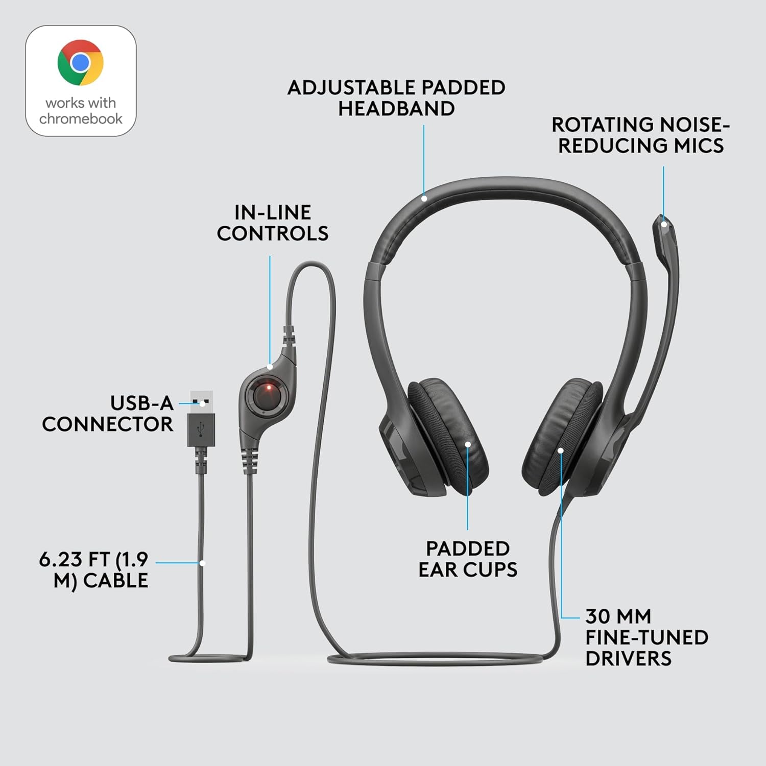 H390 Wired Headset for Pc/Laptop, Stereo Headphones with Noise Cancelling Microphone, USB-A, In-Line Controls for Video Meetings, Music, Gaming and beyond - Black