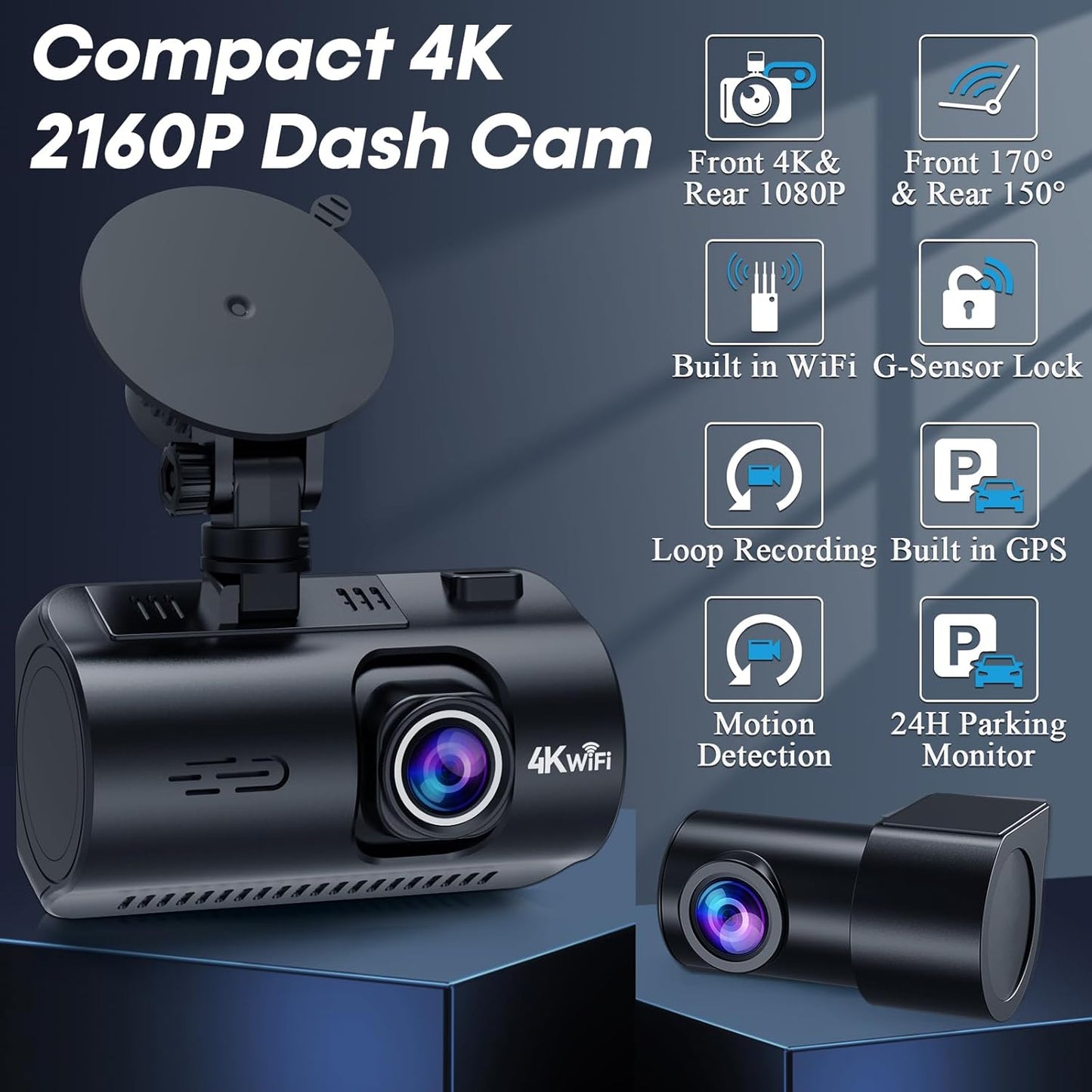 Dash Cam Front and Rear: 4K Easy Setup Car Camera Built-In GPS 5G Wifi - Clear Night Vision Dash Camera with 3.16" Screen 24H Parking Mode USB Powered